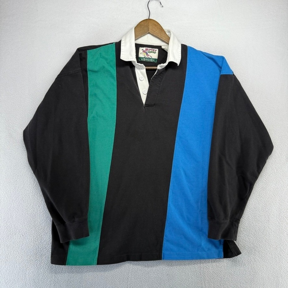 Vintage Savile Row Rugby Shirt Men's Large Black Patchwork Colorblock Thick 90s